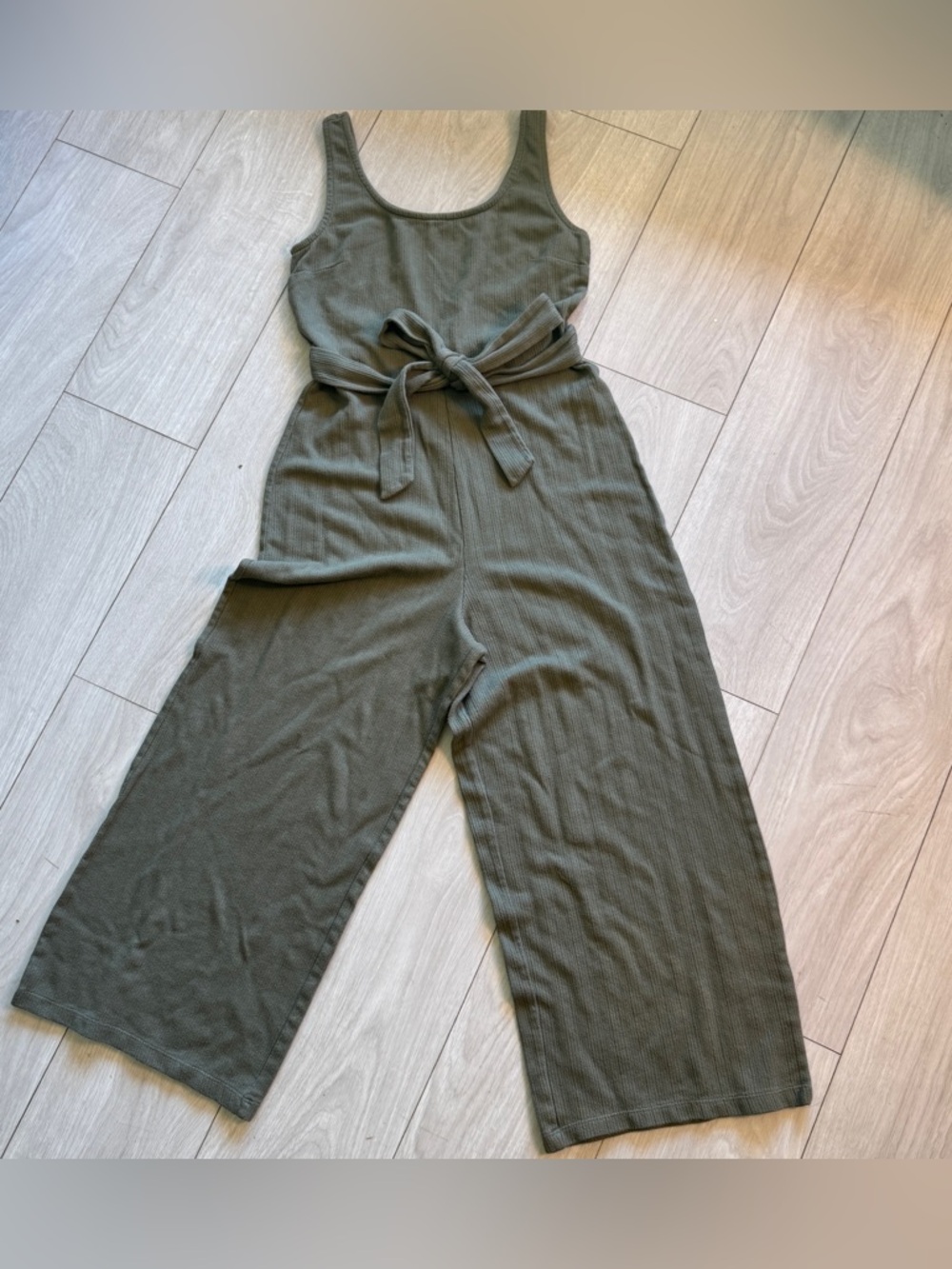 Gap Sleeveless Belted Jumpsuit Small Greenway/Olive Ribbed Wide Leg Tie Waist